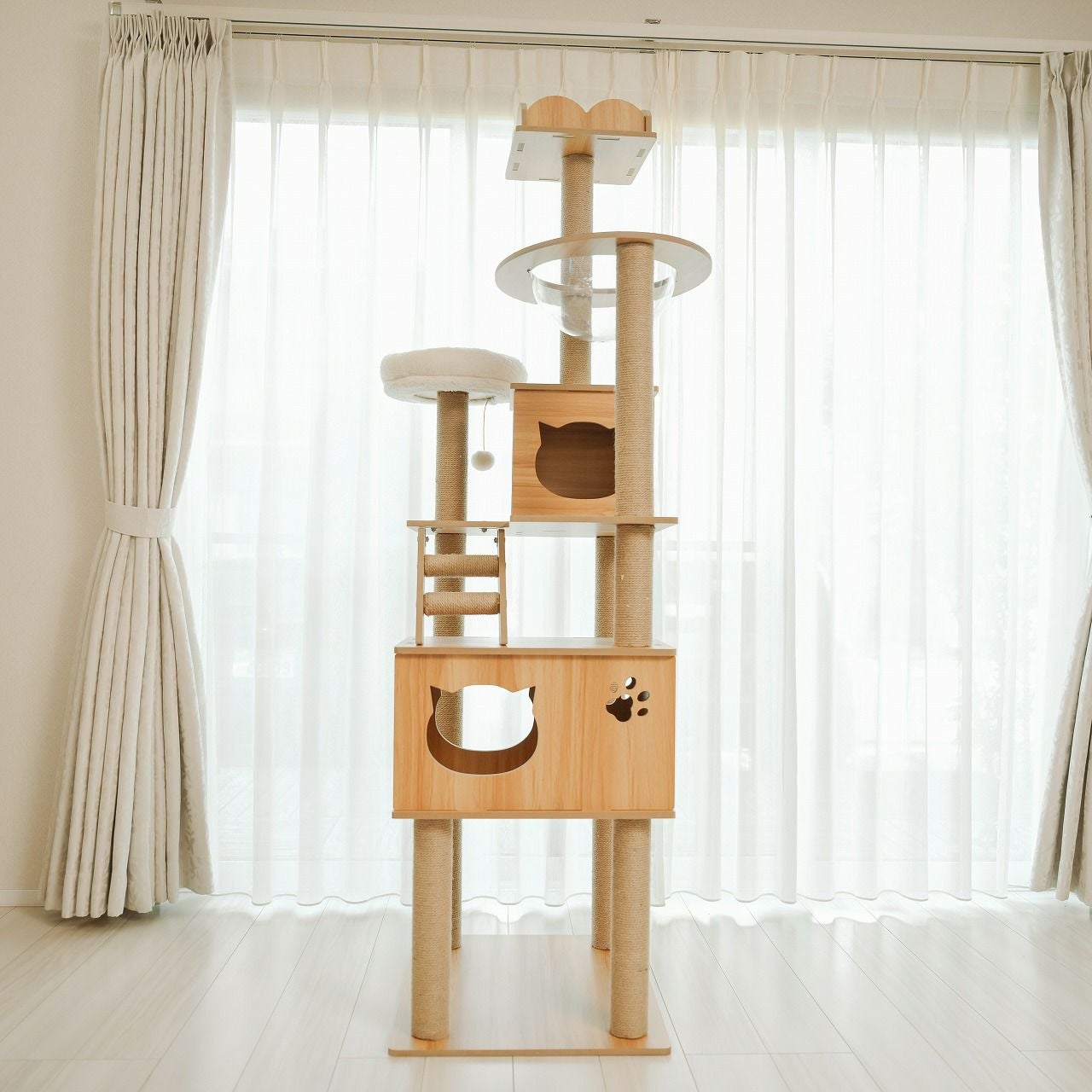 キャットツリー大型おしゃれ猫タワー透明ボウル宇宙船木製爪とぎ付き多