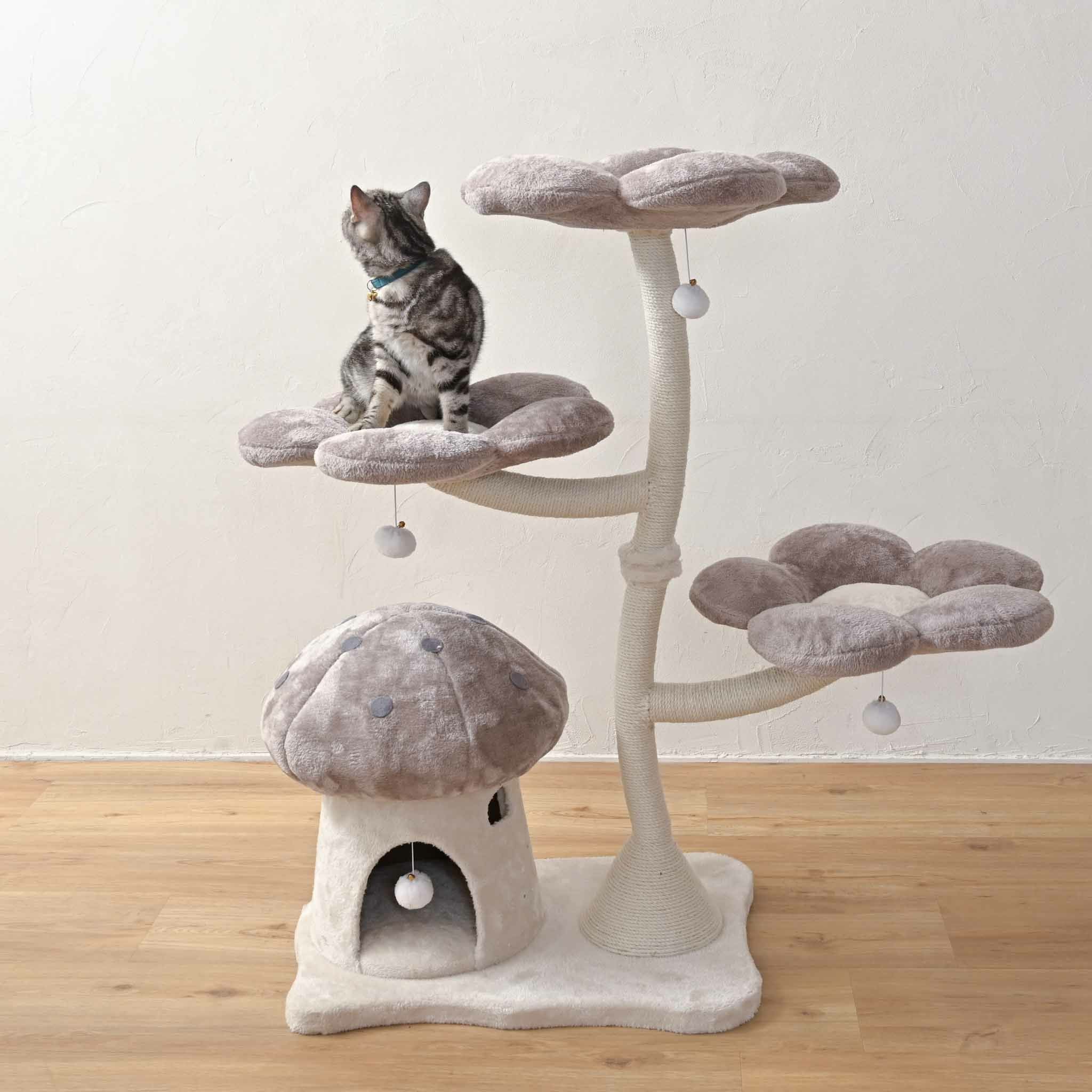 キャットツリーおしゃれ猫タワーかわいいきのこ花爪とぎ付き猫ベッド多