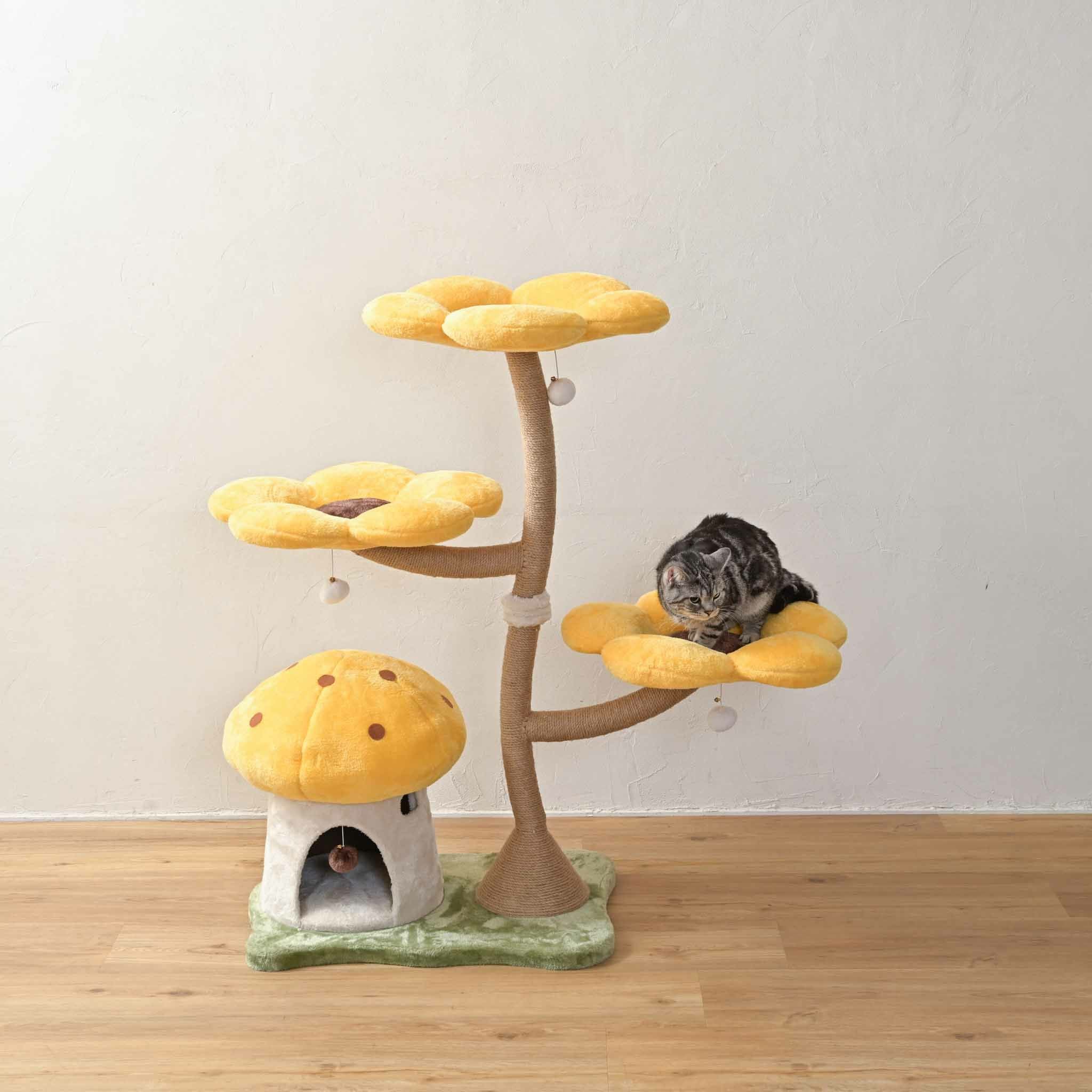 キャットツリーおしゃれ猫タワーかわいいきのこ花爪とぎ付き猫ベッド多